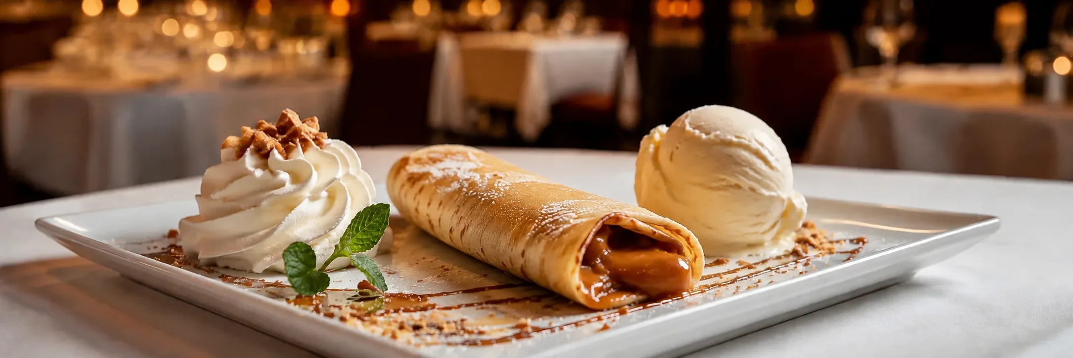 Panqueque de dulce de leche con helado de vainilla y nata, postre argentino, Milonga's