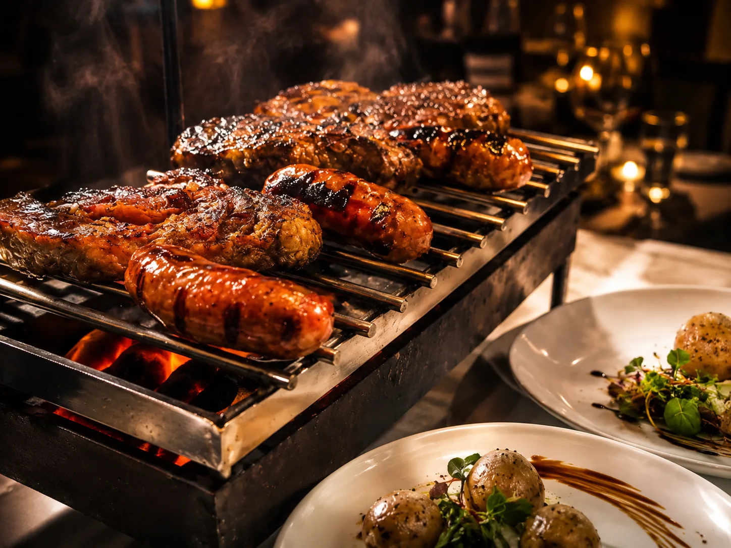 Parrillada argentina de carnes, chorizos y morcilla a la brasa para compartir, Milonga's